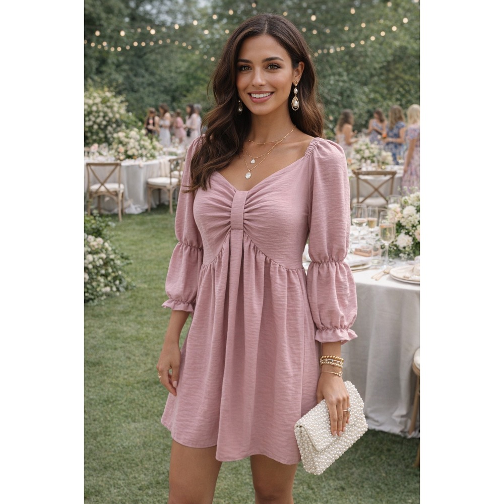 Babydoll Dress Textured Pink Sweetheart Neck Garden Party Cottagecore Size M